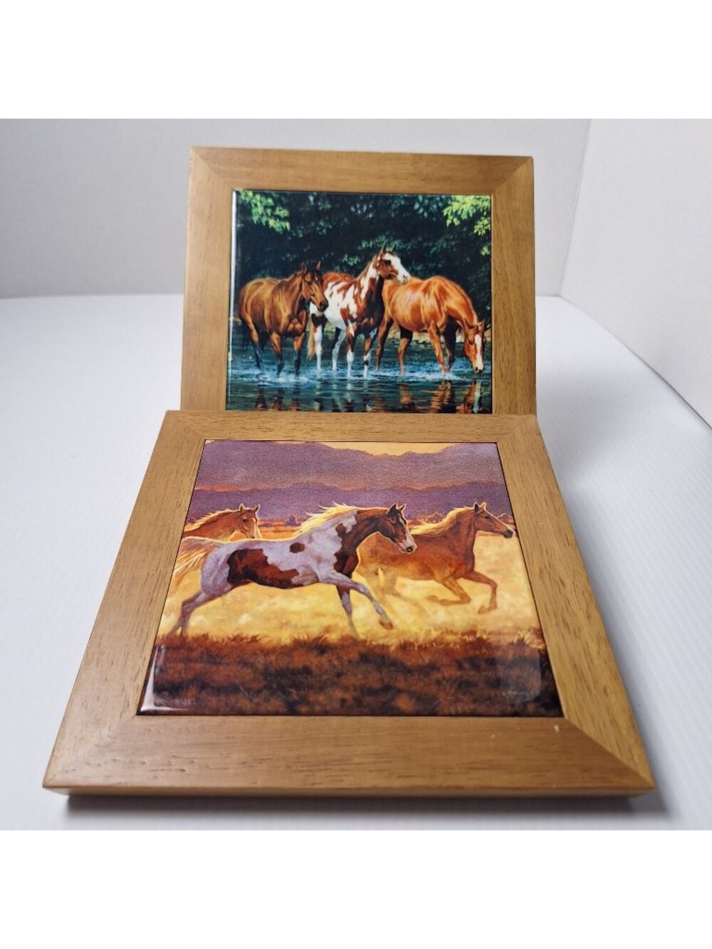 SET OF (2) CYPRESS HOME CERAMIC TRIVET/WALL HANGING RUSTIC WOODEN FRAME HORSES
